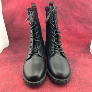 SHELN COMBAT BOOTS LUG SOLE BLACK, MID-CALF, LACE-UP, ZIPPER, BLOCK HEEL, SIZE 9